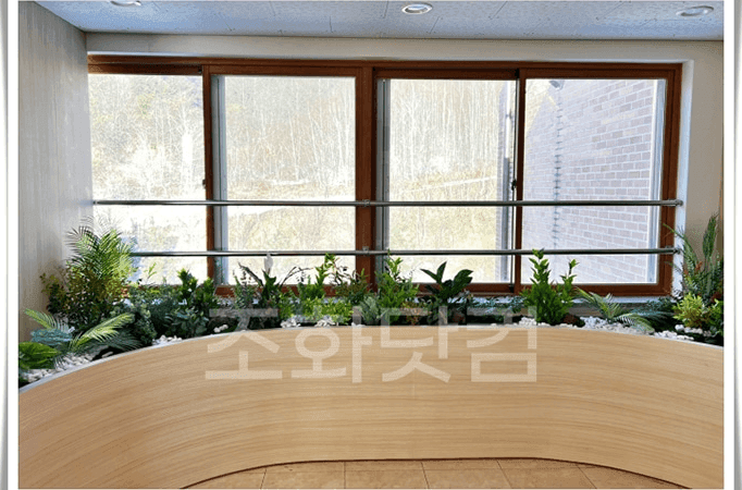 평창 봉평고등학교 — 창가 플랜트박스의 인조 식물과 창밖 숲이 한 화면에 이어져 보이는 전경
