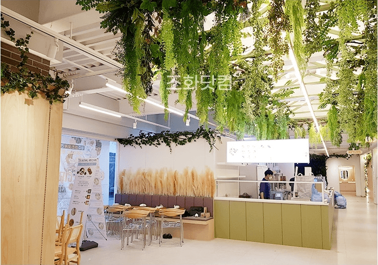 광주 보울레시피 충장점 — 천장을 따라 흐르는 인조 행잉넝쿨