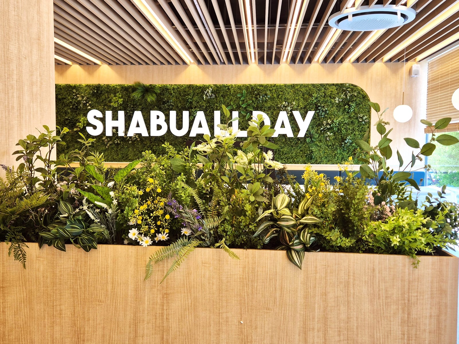 춘천 샤브올데이 — 벽면녹화 위에 SHABUALLDAY 브랜드 로고를 넣고, 아래에 다양한 인조 식물과 꽃으로 채운 플랜트박스를 함께 시공한 모습