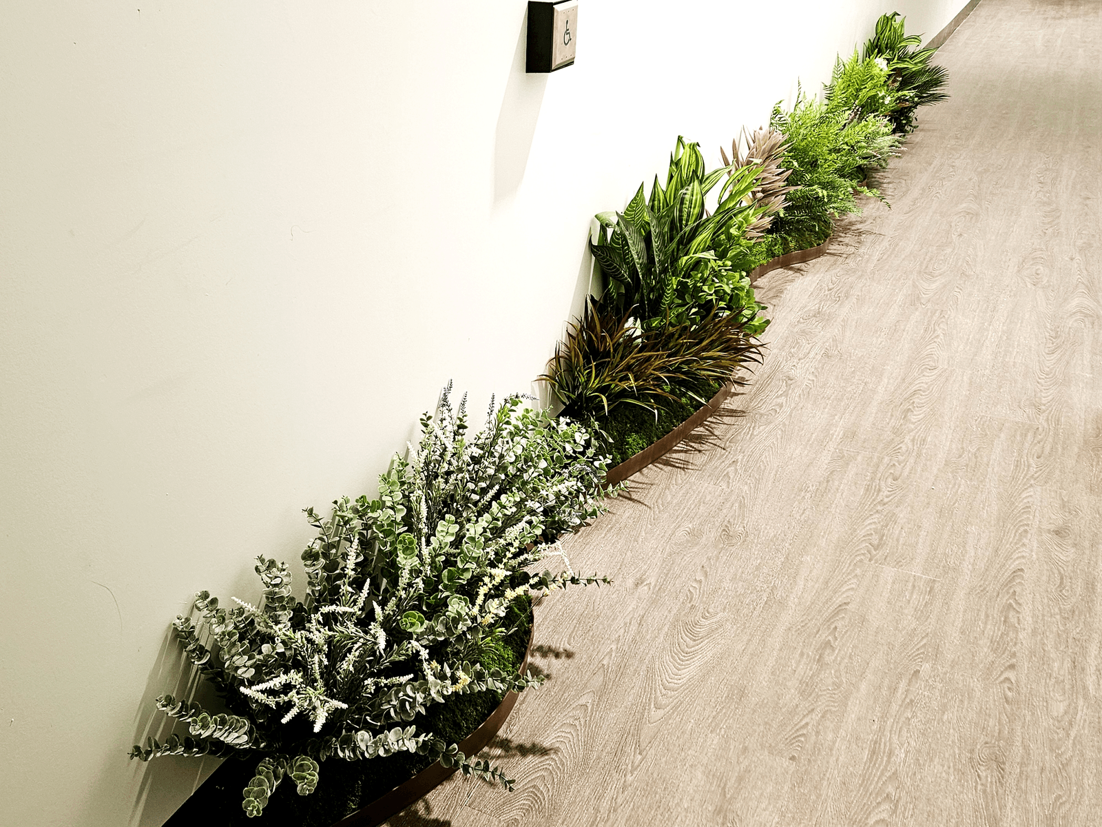 복도 벽 밑선을 따라 완성된 곡선 화단