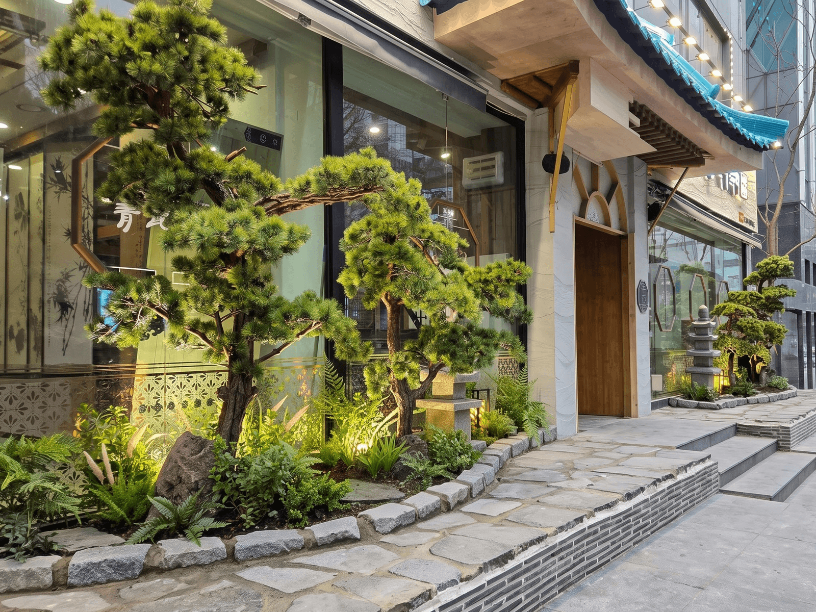서울 청와옥 송파본점 — 조형 인조나무로 만든 전통 정원