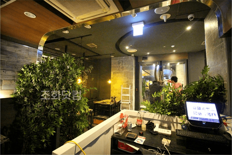 서울 더냄비 강남역점 — 어두운 홀에 선 나무들