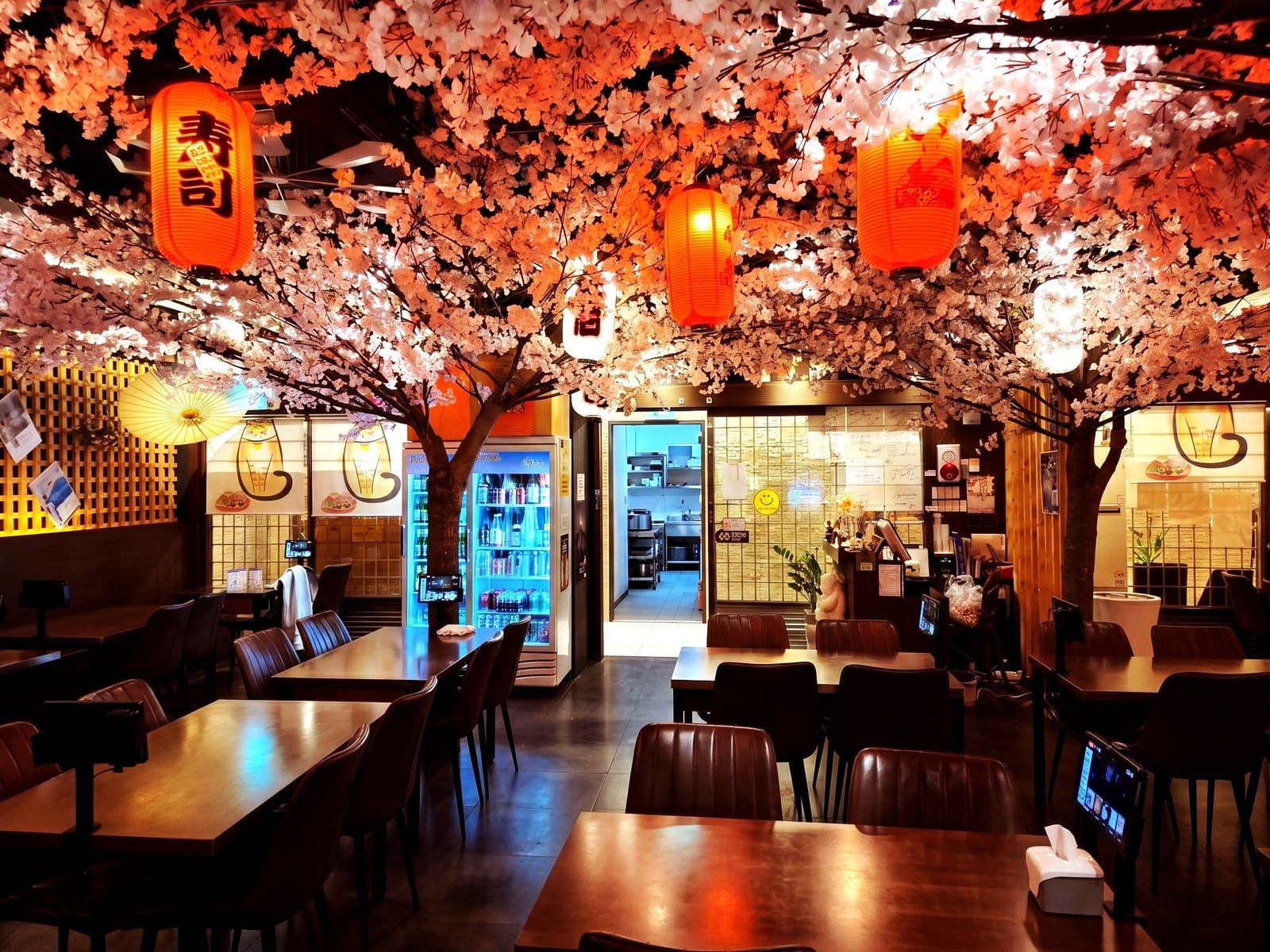 서울 강남 이자카야 — 좌석 위로 낮게 드리운 벚꽃과 초롱, 앉은 채로 찍는 포토존