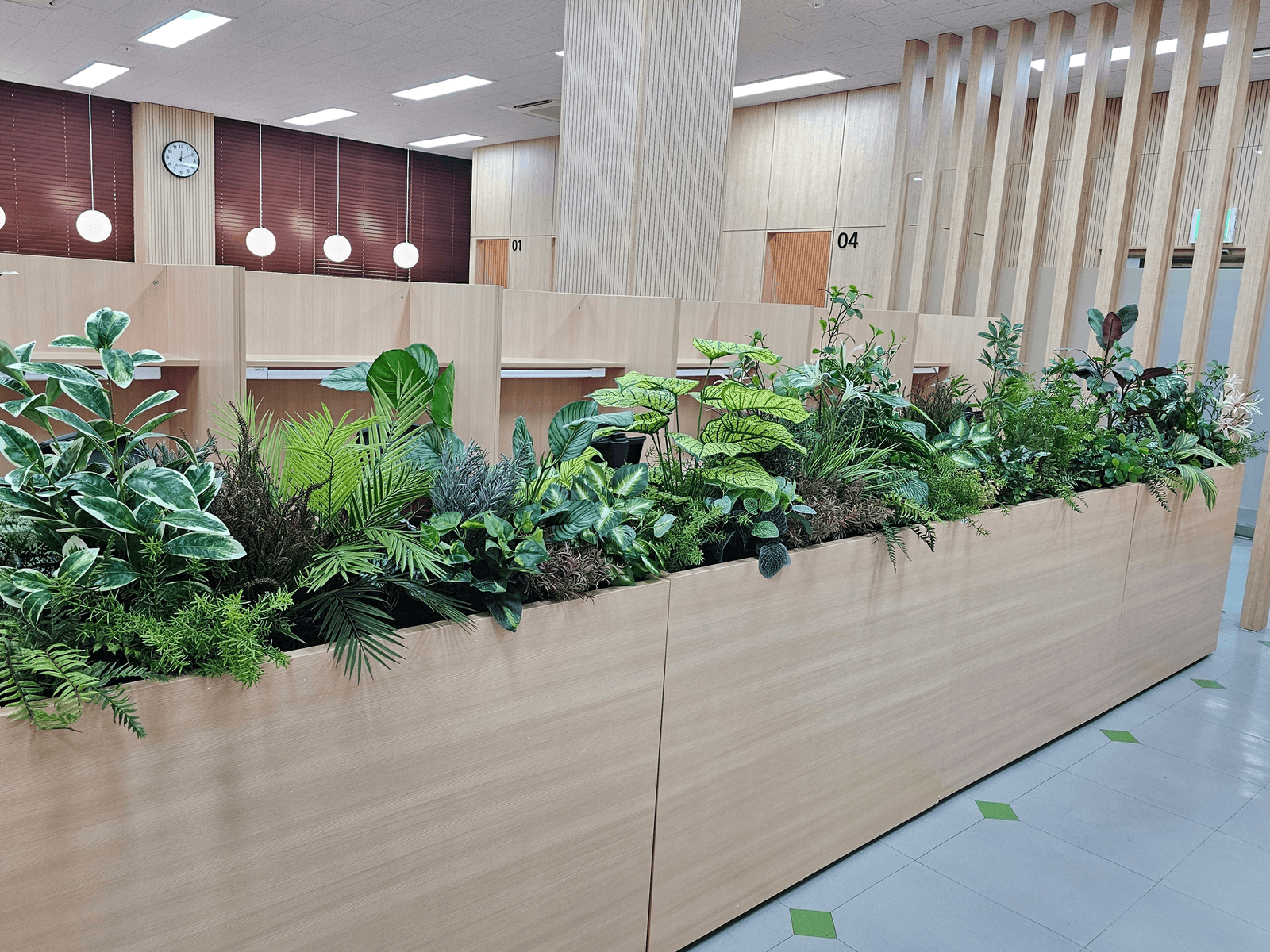 충남 천안 연암대학교 도서관 — 몬스테라·야자·칼라테아 등 잎 모양이 다른 식물을 섞어 심은 플랜트박스 디테일