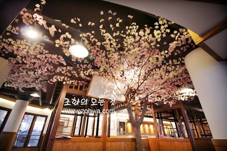 구리 이찌방 이자카야 — 입구의 밤벚꽃과 조명