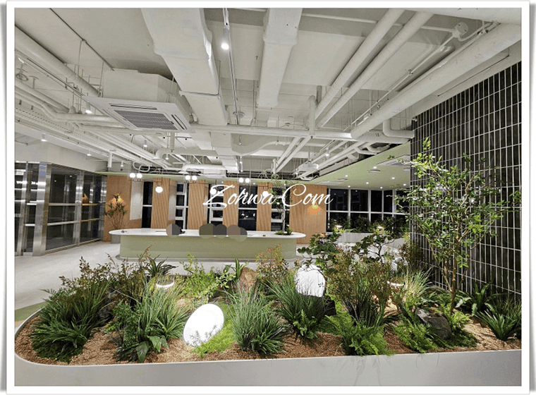 서울 창동 청년취업사관학교 — 넓은 공용공간 바닥에 인조잔디를 깔고 내추럴나무를 배치한 전경