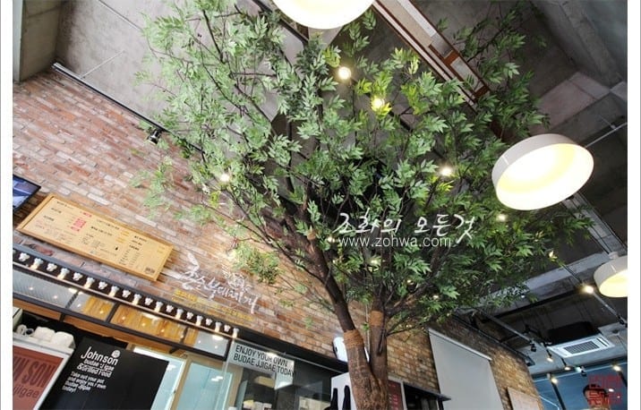 인천 존슨부대찌개 구월점 — 천장까지 뻗은 대형 올리브나무