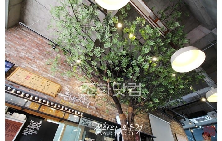 인천 존슨부대찌개 구월점 — 벽돌 벽 곁의 올리브나무