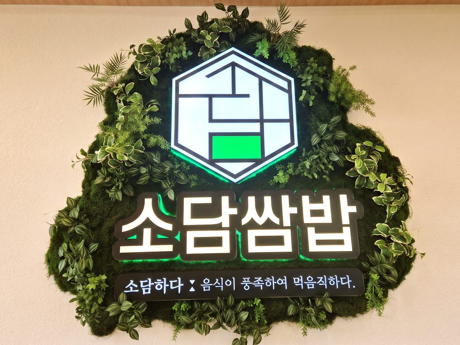 보령 소담쌈밥 — 인조이끼와 잎식물로 구름 모양으로 감싼 로고 간판