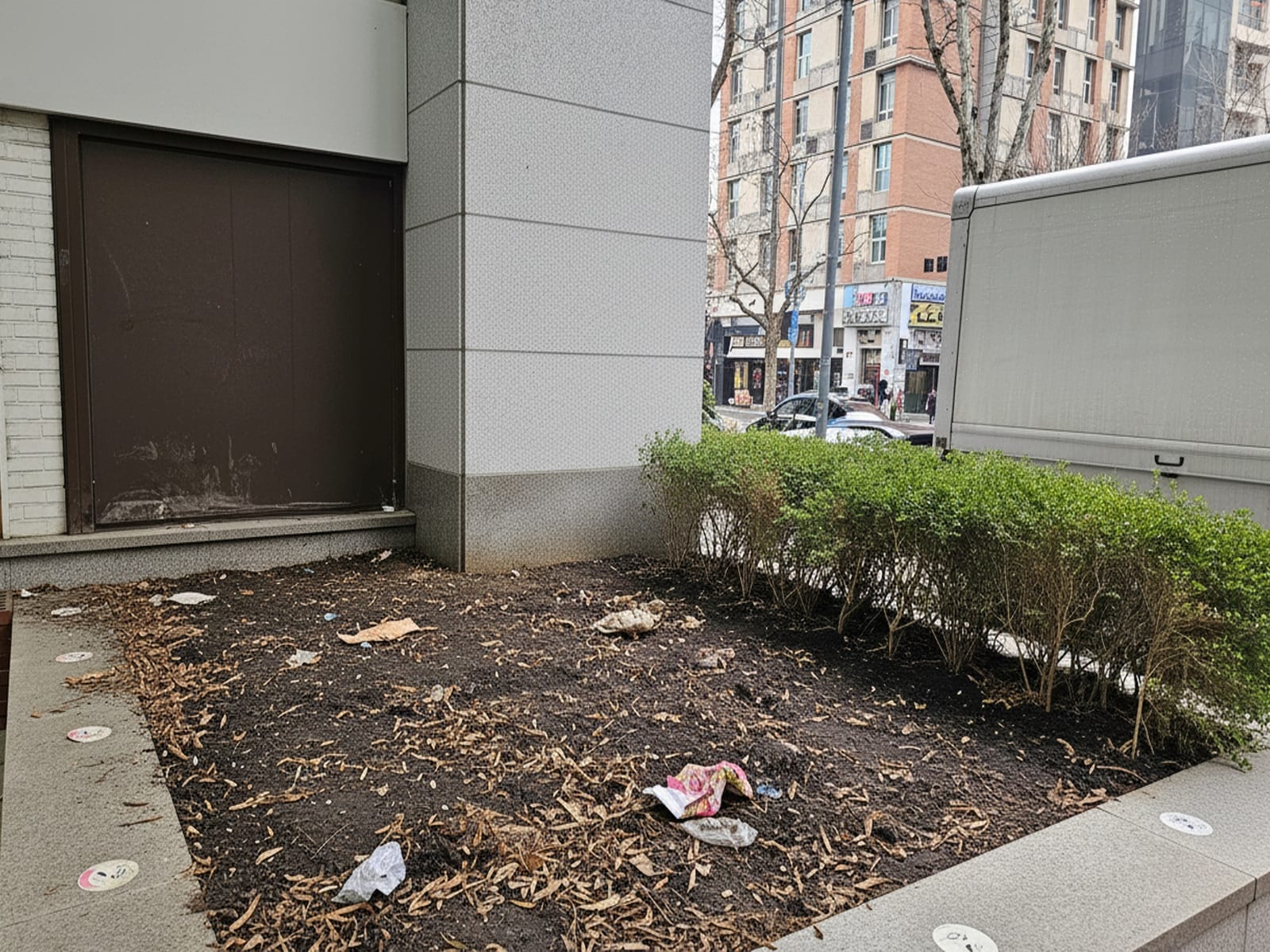 서울 강남 상가 — 시공 전, 잡초와 마른 낙엽·쓰레기가 쌓여 방치된 흙 화단