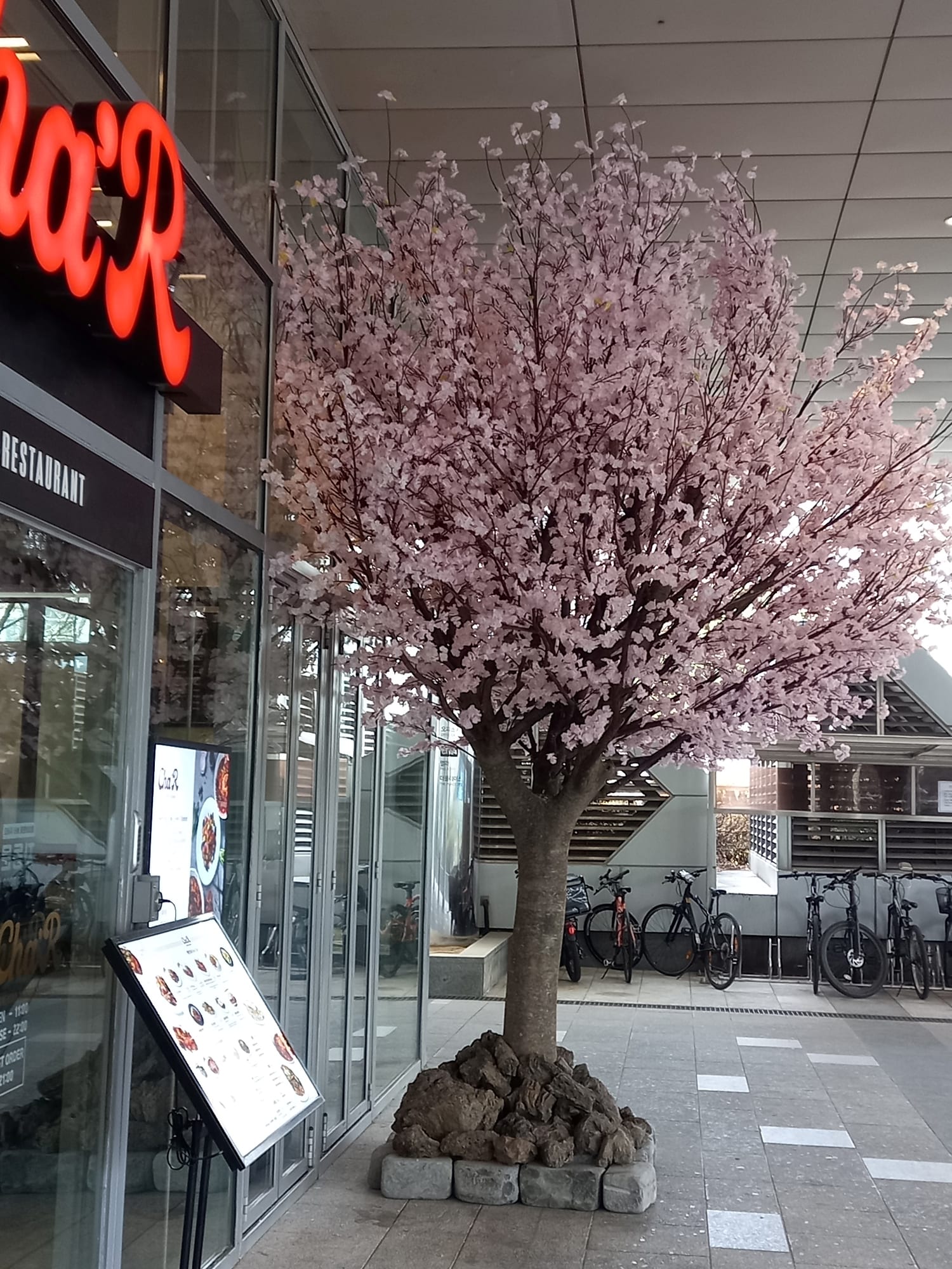 서울 영등포 타임스퀘어 상가 — 매장 사이니지 옆에 선 인조 벚꽃나무가 진입로에서 시선을 끄는 모습