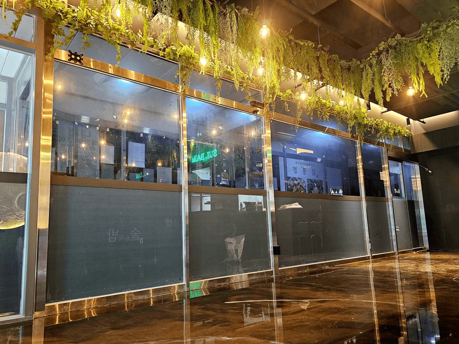서울 발산역 술밤 발산역점 — 전구 빛이 잎 사이로 스며드는 라인