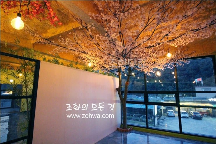 포천 타로카페 — 전구 조명 아래 벚꽃