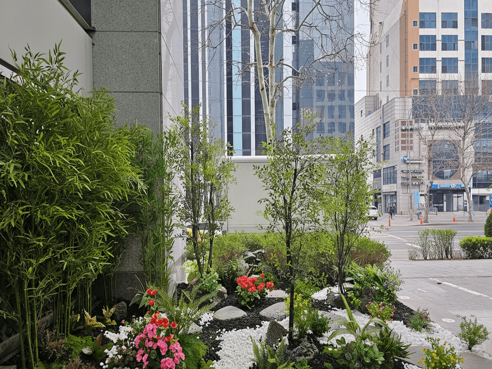 서울 강남 상가 — 도심 보도 옆에서 정돈된 상태를 유지하는 화단